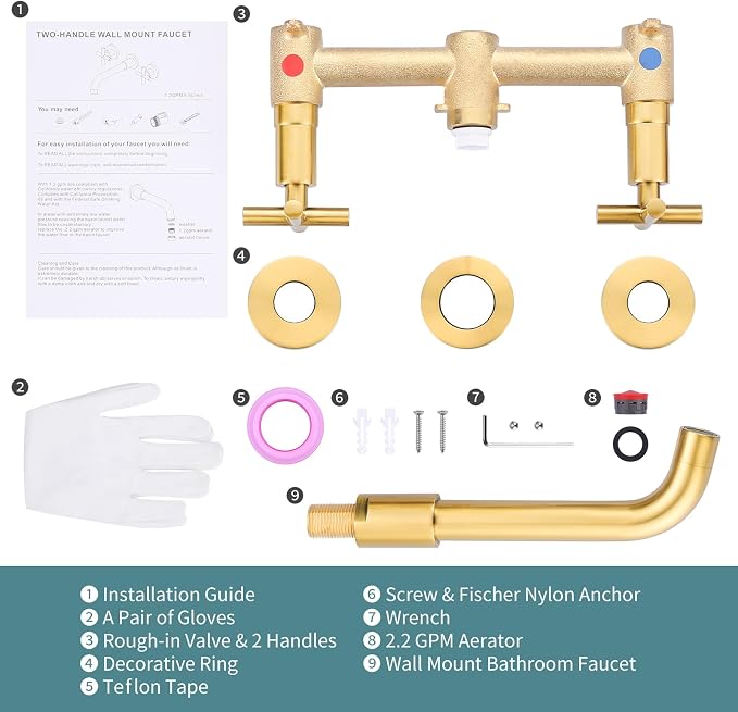 ARCORA Wall Mount Bathroom Faucet, Brushed Gold Bathroom Sink Faucet, 2 Handle Wall Mount Vessel Sink Faucet Rough in Brass Valve Included