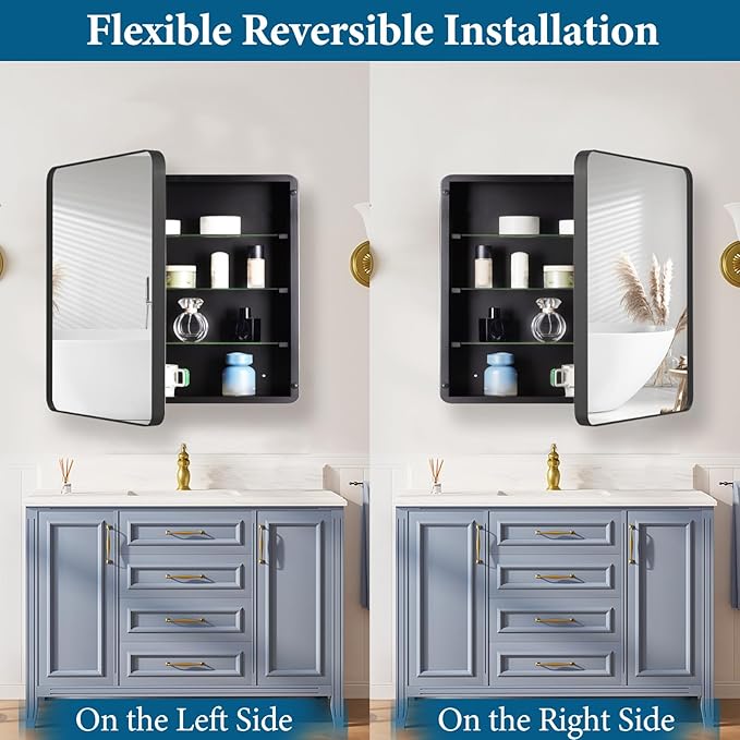 16’’x20’’ Medicine Cabinet,Metal Framed Medicine Cabinet Mirror with Round Corner,Recessed and Surface Mount Bathroom Mirror with Storage, Removeable Shelves,Dark Gray Frame