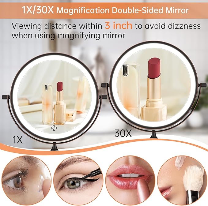 5000mAh Rechargeable Wall Mounted Lighted Makeup Mirror Double Sided 1X30X | Magnifying Bathroom Mirror, 3 Color Lighting, Touch Dimming, Extended Arm 360 Rotation Light up Mirror Antique Bronze