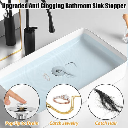Anlige Bathroom Sink Drain Strainer, 2PCS 3 in 1 Pop Up Bathroom Sink Stopper with Removable Brass Basket Hair Catcher, Universal Sink Plug for 1.06 to 1.6in Drain Hole, Chrome Silver