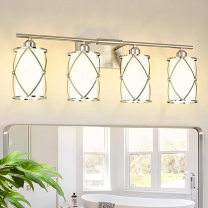 4-Light Brushed Nickel Bathroom Light Fixtures with Milk Frosted Glass, 29" Modern Bathroom Vanity Lighting Fixtures Over Mirror with Metal Cage, Wall Sconce Lights for Bath, E26, CH9176BNW-4W