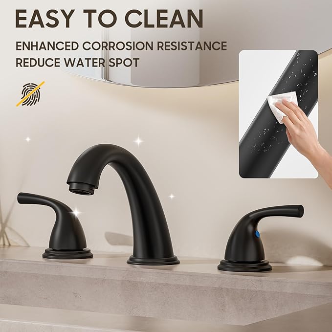 Phiestina 8 Inch 3 Hole Matte Black Widespread Bathroom Faucet, Low Arc Basin Sink Faucet, with Metal Pop-up Drain with Overflow and Water Supply Line, BF03008-B11-MB