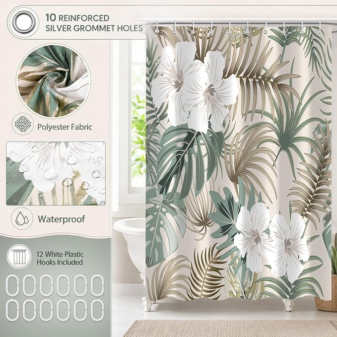 Tropical Shower Curtain for Bathroom, Green Palm Tree Flower Plant Boho Leaf Banana Monstera Sage Beige Shower Curtains Set, Fabric Bathroom Accessories with Hooks 60x72 Inch