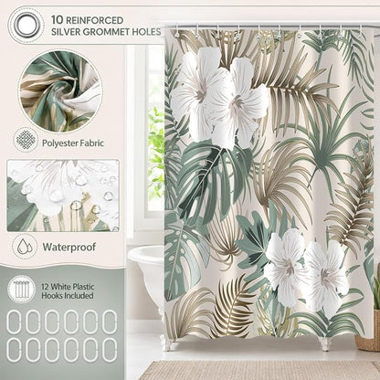 Tropical Shower Curtain for Bathroom, Green Palm Tree Flower Plant Boho Leaf Banana Monstera Sage Beige Shower Curtains Set, Fabric Bathroom Accessories with Hooks 60x72 Inch