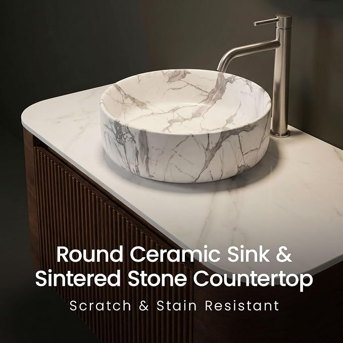36" Preassembled Floating Bathroom Vanity with Carrara Finish Sink, Walnut | Mid-Century Modern Style, Fluted & Soft-Close Drawer with U-shaped Wall, Sinterted Stone Countertop, Towel Rack Included