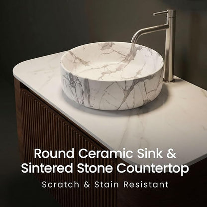 36" Preassembled Floating Bathroom Vanity with Carrara Finish Sink, Walnut | Mid-Century Modern Style, Fluted & Soft-Close Drawer with U-shaped Wall, Sinterted Stone Countertop, Towel Rack Included