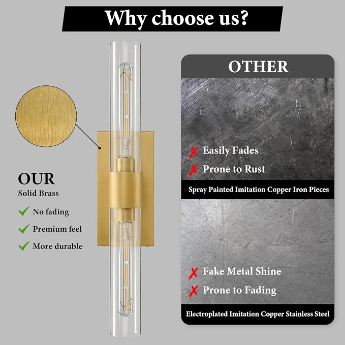 Champagne Brass Bathroom Wall Sconce: Modern Gold Indoor Dimmable Lighting | Clear Glass Tube Light Fixtures, Vertical or Horizontal Mounted Vanity Sconces for Living Room Bedroom Hallway