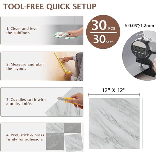 Peel and Stick Floor Tile, 30 PCS 12" x 12" Checkered Waterproof Marble Luxury Vinyl Tiles, Easy DIY Self Adhesive Vinyl Flooring for Bathroom, Kitchen, Living Room, Charcoal Gray/Light Gray
