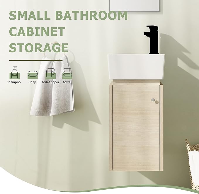 12" Bathroom Vanity with Sink, 12 Inch Floating Bathroom Vanity for Small Space, Modern Bathroom Vanity, White Wall Mounted Cabinet Set（045）