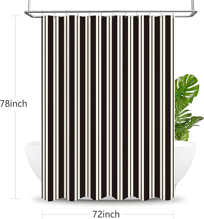 Tititex Cute Candy Cane Striped 140gsm Faux Linen Fabric Shower Curtain, Elegant Classic Black Beige Shower Curtain Sets Decoration 72x78 Inch with Hooks