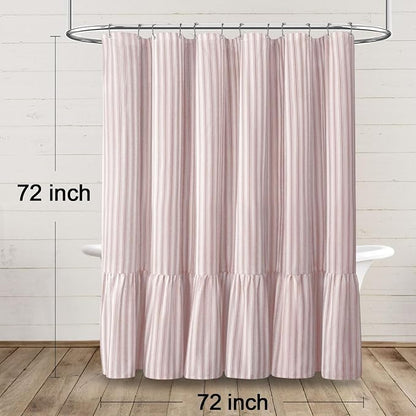 Farmhouse Shower Curtain Ruffle Linen White-Pink Stripe 72"W x 72"L | Farmhouse Boho, Striped, Bottom Ruffle, Cotton Fabric, Rustic, Country, Natural Look, Washable, for Bathroom Bathtub