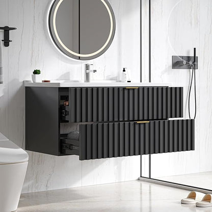 ONBRILL 36 Inch Bathroom Vanity with Sink Combo, Floating Bathroom Vanity with 2 Fluted Drawers & Metal Handle, Modern Wall Mount Storage Cabinet with Ceramic Integrated Sink for Small Space (Black)