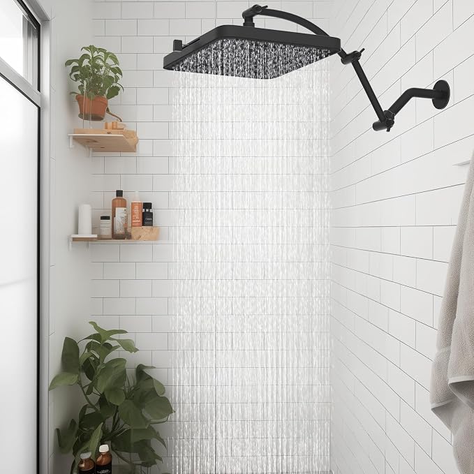 Hibbent Rain Shower Head, 13'' High Pressure Rainfall 5 Spray Mode Showerhead with 16" Shower Head Extension Arm, Solid Brass Adjustable Shower Arm Extender, Waterfall fixed Showerheads, Matte Black