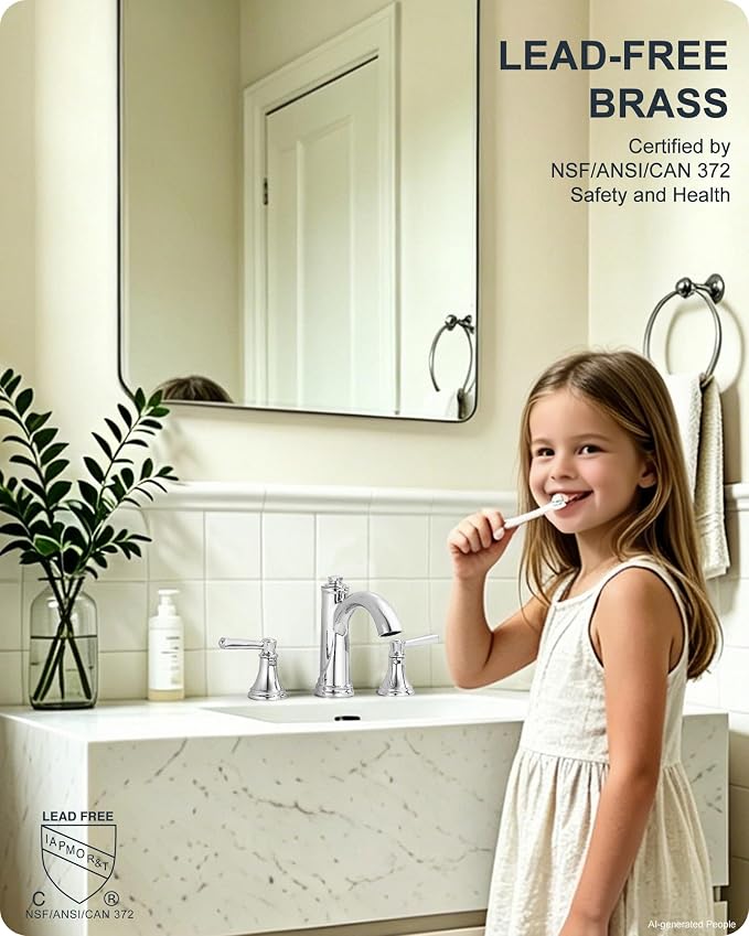 Brass Bathroom Faucets 3 Hole, Chrome Bathroom Faucet 4-16 Inch | Lead-Free, Widespread 2 Handles, Pop-Up Drain, Pre-installed cUPC Supply Hoses, 10 Mins Install, For Vanity Restroom Lavatory