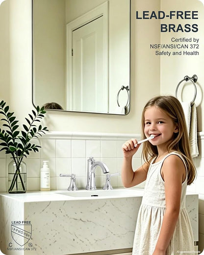 Brass Bathroom Faucets 3 Hole, Chrome Bathroom Faucet 4-16 Inch | Lead-Free, Widespread 2 Handles, Pop-Up Drain, Pre-installed cUPC Supply Hoses, 10 Mins Install, For Vanity Restroom Lavatory
