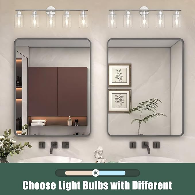 Espird Bathroom Vanity Light Fixtures Brushed Nickel Bathroom Lighting Fixture, 5 Lights Bathroom Light Fixture Over Mirror, Modern Black Vanity Light, Wall Sconces with Glass Shades