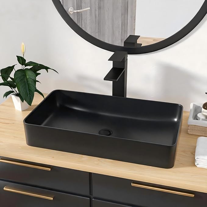 Vessel Sink Rectangle- 24"x14" Modern Rectangular Top Counter Bathroom Sink Matte Black Porcelain Ceramic Lavatory Sink Bowl Art Basin
