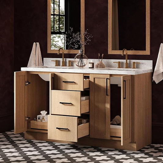 ARIEL Loren 60-inch Bathroom Vanity with Sink,Solid Wood, 1.5-inch Italian Carrara Marble Countertop, Double Rectangular Porcelain Sink, 4 Soft Closing Doors, 3 Dovetail Drawers, Natural Oak