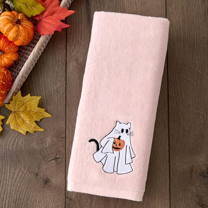 SKL Home Halloween Ghost Cat Hand Towel Set-2pc, 100% Cotton, Pink | Soft, embroidered velour. Great for the bathroom, kitchen or bar & gifting.