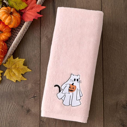 SKL Home Halloween Ghost Cat Hand Towel Set-2pc, 100% Cotton, Pink | Soft, embroidered velour. Great for the bathroom, kitchen or bar & gifting.