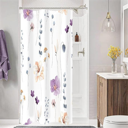 Purple Beige Watercolor Floral Fabric Shower Curtain, 36x72 | Waterproof Fabric, Modern Minimalist Floral Print, Machine Washable, Rustproof Grommets, for Bath Home, Small Stall
