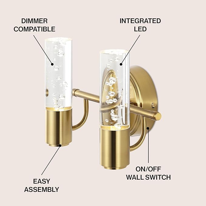 JONATHAN Y 10.75" Brass Gold Modern Integrated LED Vanity Light Wall Sconce for Bathroom, Clear Bubble Acrylic Shade Minimalist Art Deco Light for Hallway, Entryway, 4000K (JYL7223B)
