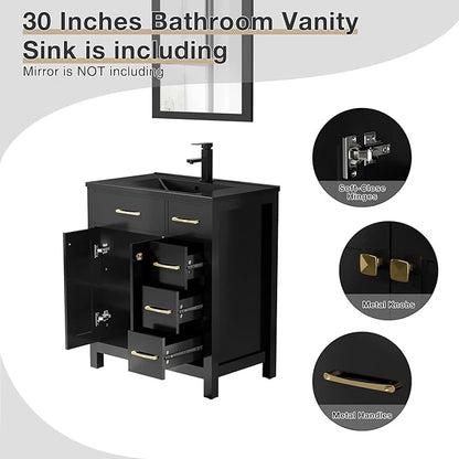 LUCKWIND 30" Modern Bathroom Vanity with Sink, Painted Storage Cabinet with Undermounted Black Sink, Two Doors and Three Drawers, Include Faucet Without Mirror, Black