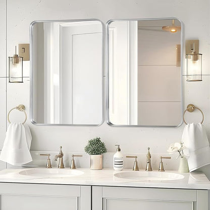 Silver Bathroom Vanity Mirror Over Sink 24x30, Wall Mounted Chrome Mirror | Fabuday Matte Metal Brushed Nickel Framed Rectangle Mirror for Living Room, Bedroom, Entryway Decor, Wall Mounted