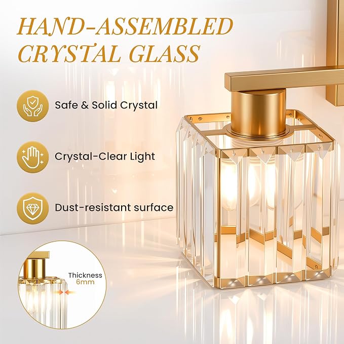 Crystal Bathroom Light Fixtures, 3-Light Brushed Gold, Vanity Lights for Bathroom Over Mirror, Modern Bath Wall Sconce for Mirror Bedroom Living Room