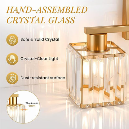 Crystal Bathroom Light Fixtures, 3-Light Brushed Gold, Vanity Lights for Bathroom Over Mirror, Modern Bath Wall Sconce for Mirror Bedroom Living Room