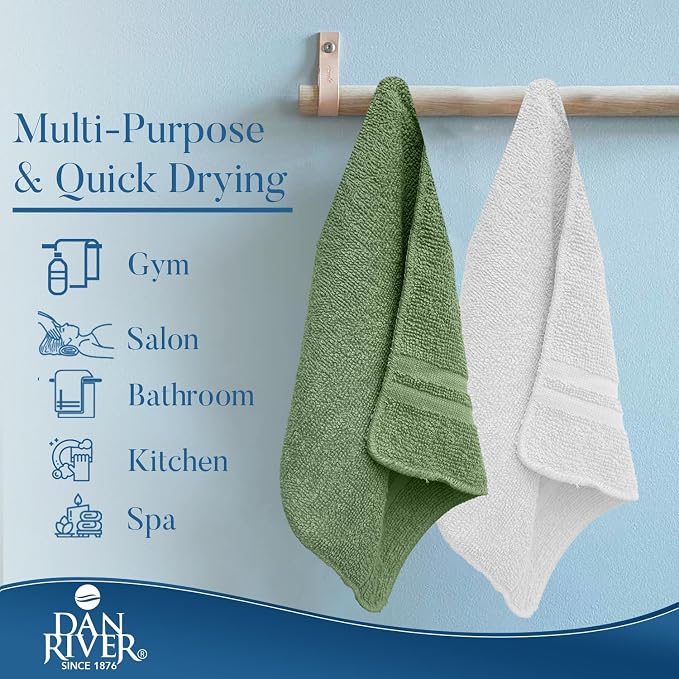 DAN RIVER 100% Cotton Washcloths 20 Pack Premium Quality Face and Body Cloth, Quick Dry Essential Towels for Bathroom, Hand, Kitchen & Cleaning, Baby Rugs | 11X11 in | 400 GSM | Sage Green+White