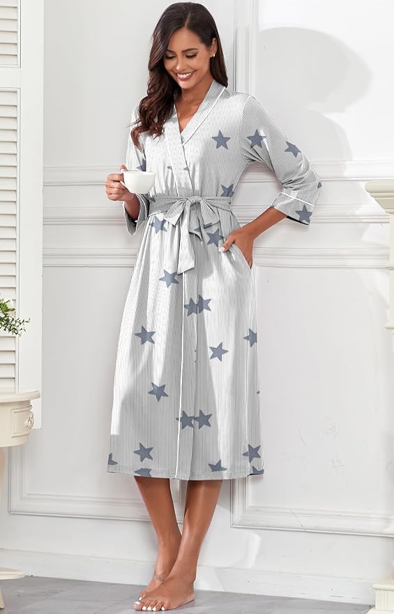PrinStory Robes for Women 3/4 Sleeve Long Bath Robe XS-4XL | V-Neck Knit Bathrobe with Pockets, Lightweight, Soft, Breathable Robes for Shower, Spa, Travel, Home, Party, Nursing