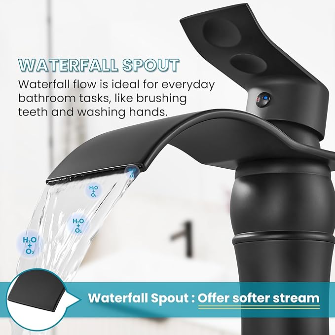 gotonovo Waterfall Vessel Sink Faucet for Sink 1 Hole,Single Handle Tall Bathroom Sink Faucet,Brass Waterfall Bathroom Faucet Arc Body Mixer Tap with Pop Up Drain and Supply Line,Matte Black