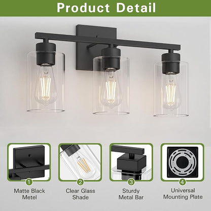 Matte Black Bathroom Vanity Light, 3-Light Vanity Lighting fixtures Over Mirror, Round Design & UL Certification, Wall Sconces with Clear Glass Shades, E26 Socket (Bulbs Not Included)