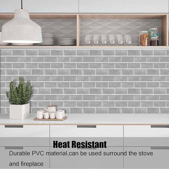 12-Sheet Grey Peel and Stick Wallpaper, Subway Tile 6''x12'' Self Adhesive Wall Tiles Waterproof PVC Stick on Backsplash Vinyl Decorative Tiles Stickers for Kitchen Bathroom