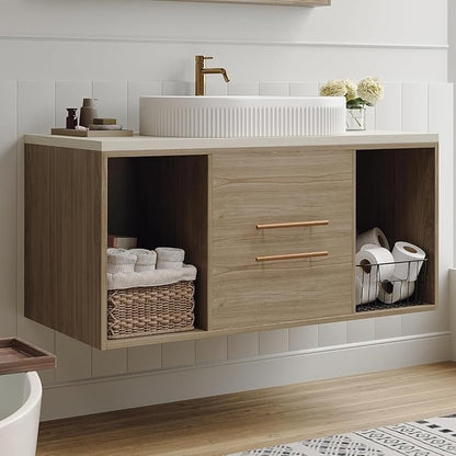 40" Modern Oak Bathroom Vanity Floating Bathroom Vanities with Above-Ground Oval Ceramic Sink 40-inch Wall Mounted Bathroom Sink Cabinet with 2 Drawers&2 Open Shelves&Gold Metal Handle