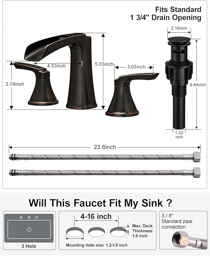 Fapully Oil Rubbed Bronze Bathroom Faucet 3 Hole, Waterfall 8 Inch Two-Handle Widespread Bathroom Sink Faucet with Pop-up Drain