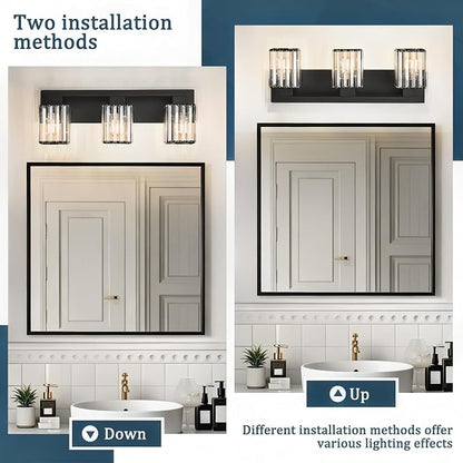 3-Light Modern Bathroom Light Fixtures, Black Vanity Light Over Mirror | Bathroom Vanity Wall Light with Square Crystal Shades, Vanity Lights for for Mirror, Bathroom, Restroom, E26 Socket, ETL