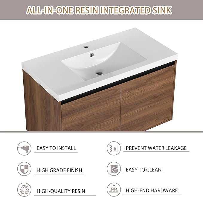 36" Floating Bathroom Vanity,36 Inch Bathroom Vanity with Sink,Single Sink Wall Mounted Vanity Combo,Dark Brown Wall Mounted Cabinet Set
