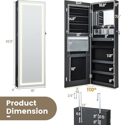 CHARMAID LED Mirror Jewelry Cabinet, Lockable Jewelry Armoire with Adjustable Lighted Full Length Mirror, 3 Lighting Sets, Wall Mounted Door Hanging Jewelry Storage Organizer (Black, 42.5''H)