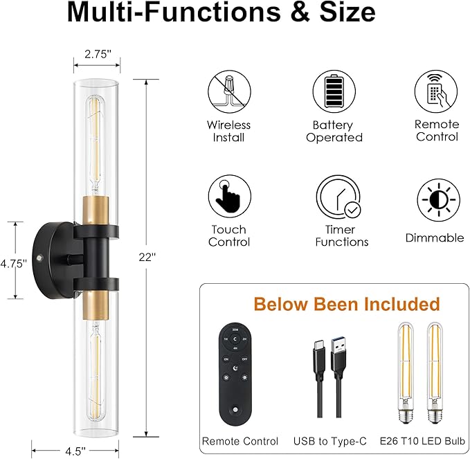 Battery Operated Wall Sconce Set of 2, 12000mAh Rechargeable Wall Lights with Remote Control, Wireless Dimmable Wall Lamps for Bedroom Living Room Bathroom Hallway Stairwell, Black & Gold