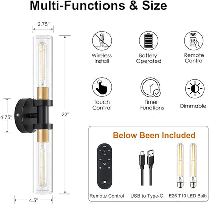 Battery Operated Wall Sconce Set of 2, 12000mAh Rechargeable Wall Lights with Remote Control, Wireless Dimmable Wall Lamps for Bedroom Living Room Bathroom Hallway Stairwell, Black & Gold