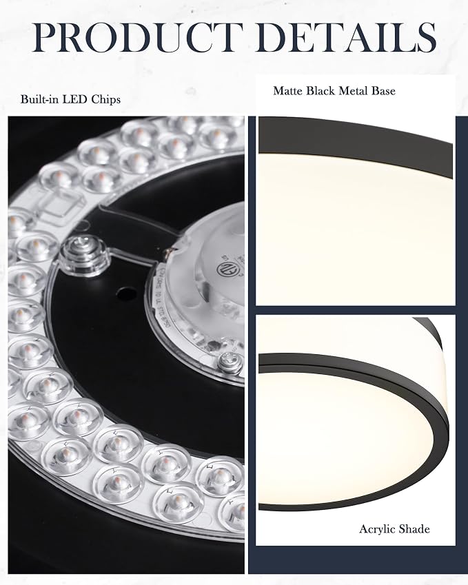 LED Flush Mount Ceiling Light, 15 inch, 24W Dimmable 3000K 4000K 5000K Matte Black Modern Round Ceiling Light Fixture for Kitchen, Hallway, Bathroom, Stairwell, LMS-054