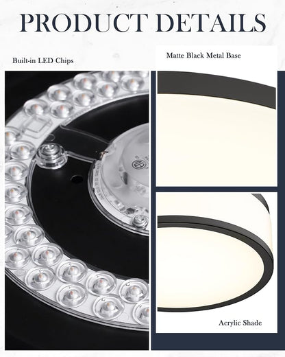 LED Flush Mount Ceiling Light, 15 inch, 24W Dimmable 3000K 4000K 5000K Matte Black Modern Round Ceiling Light Fixture for Kitchen, Hallway, Bathroom, Stairwell, LMS-054