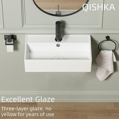 Wall Mount Rectangular Bathroom Sink, QISHKA 22"x12.4" Modern Ceramic Floating Vessel Sink, White Rectangle Vanity Sink with Overflow, Wall Hung Wash Hand Basin
