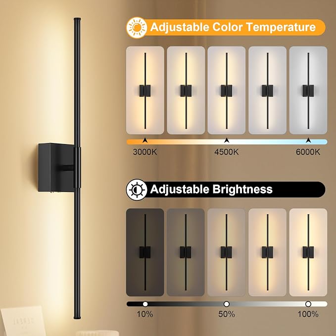 Battery Operated Wall Sconce, 3000K-6000K Dimmable Black Wall Lights with Remote Control, Timable LED Wireless Wall Sconces, 350° Ratate for Bathroom, Living Room, Hallway 29.1 Inch 1 Pack