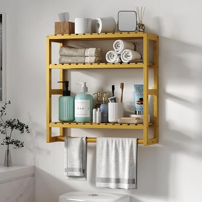 Galood Over The Toilet Storage Bathroom Shelves Wall Mounted Yellow | 3 Tier Space Saver Corner Shelf Organizer Bamboo Towel Rack Toilet Paper Cabinet with Hanging Rod