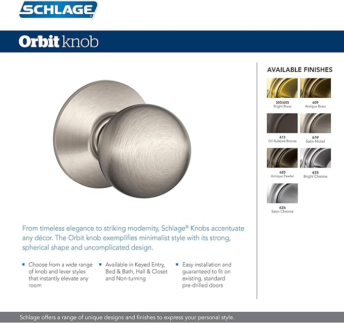 Schlage F40 ORB 605 Orbit Door Knob, Bed & Bath Privacy Lock, Bright Brass