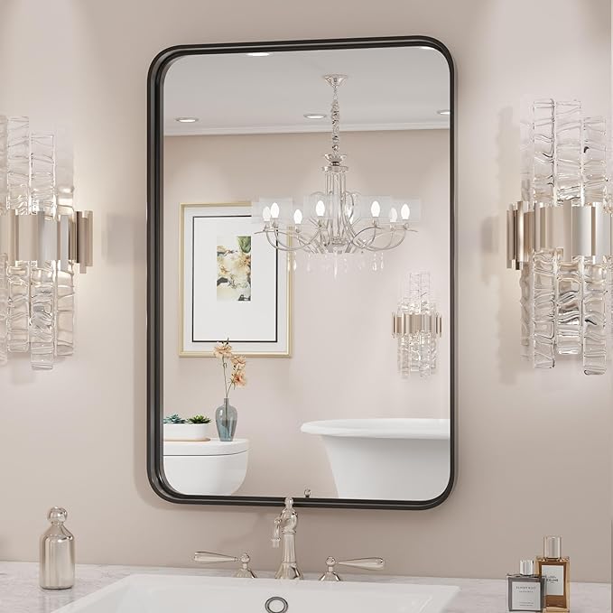 Sweetcrispy Bathroom Wall Mirror, Vanity Mirrors for Over Sink, 36x24 Inch | Metal Framed Rounded Rectangle, Home Decor Mirros for Farmhouse, Restroom, Anti-Rust, Horizontal or Vertical Hanging, Black