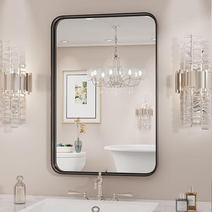 Sweetcrispy Bathroom Wall Mirror, Vanity Mirrors for Over Sink, 36x24 Inch | Metal Framed Rounded Rectangle, Home Decor Mirros for Farmhouse, Restroom, Anti-Rust, Horizontal or Vertical Hanging, Black